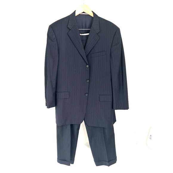 Hickey Freeman for Barneys Wool Suit Blue Light Blue Stripes Size 44R